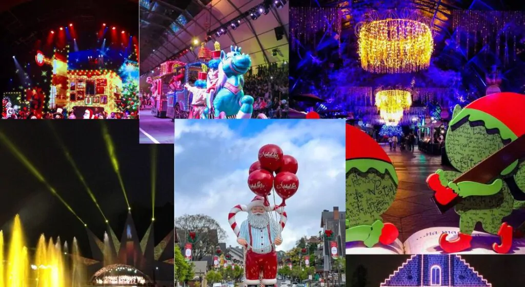 Natal Luz 2025: A Magia de Gramado Espera por Você – Guia Definitivo 1 Mosaico com várias imagens do Natal Luz de Gramado