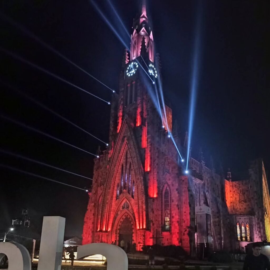 Stone Cathedral Light Show in Canela 3 Light show at the Stone Cathedral with red lighting